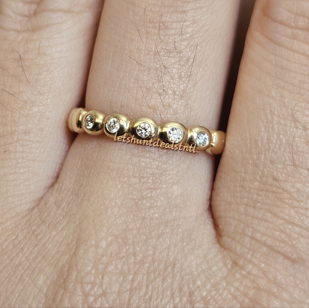 Pandora 14K Gold Bubble Ring With 5 DIAMONDS Stackable Size 7.